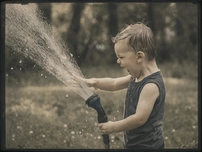 Boy playing with a lawn sprinkler